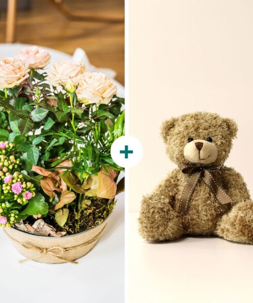 Composition Fleurs Interflora - Coin de paradis et son ourson - Livraison Fleurs & Cadeaux